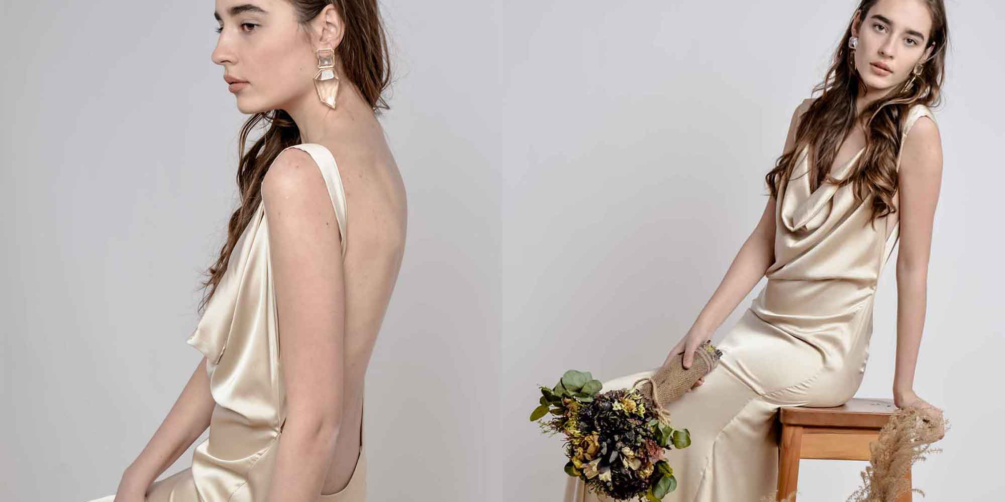 A sustainable wedding dresses in champagne by a low back by Bastet Noir.
