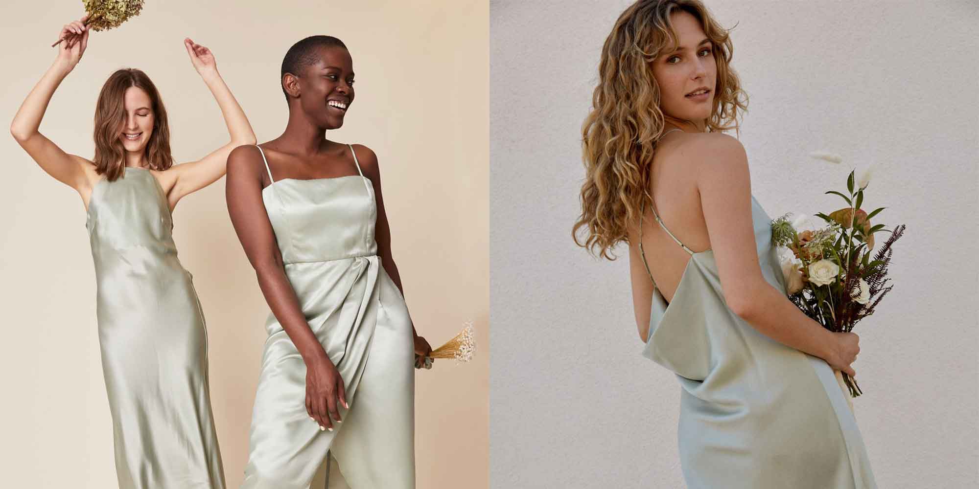 Women wearing silky ethical and sustainable wedding dresses by Whimsy + Row.