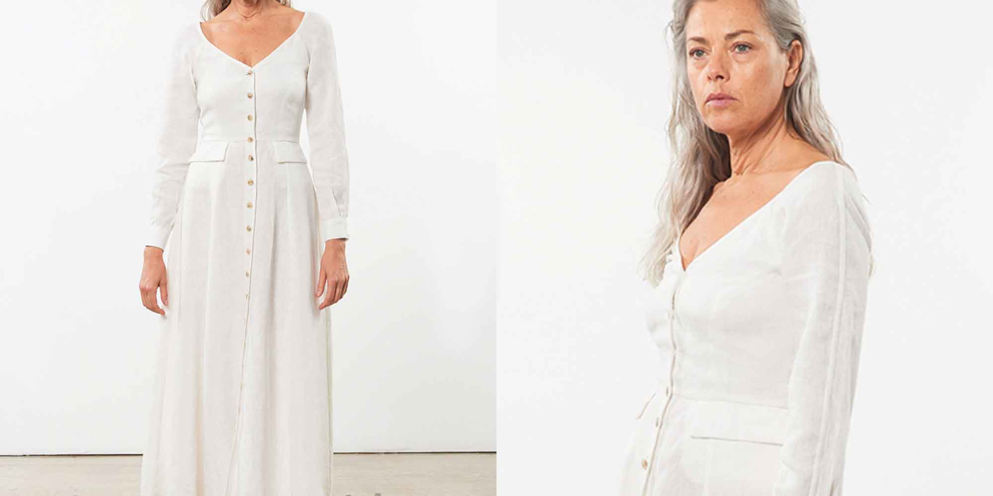 older woman wearing hemp wedding dress by Mara Hoffman