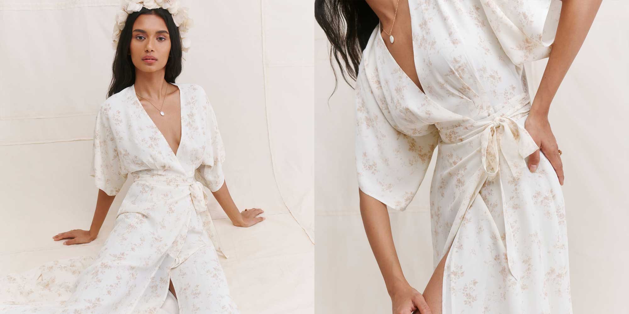 A white floral wrap dress by Reformation.