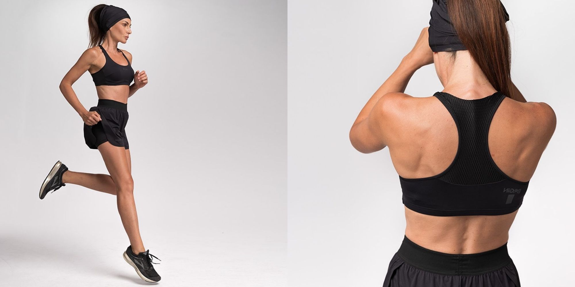 woman wearing black light compression sports bra by CasaGIN