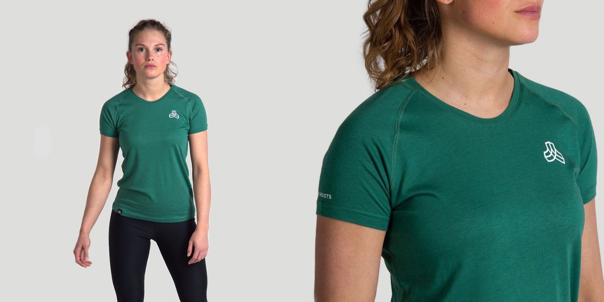 woman wearing emerald green sustainable performance tshirt by Iron Roots