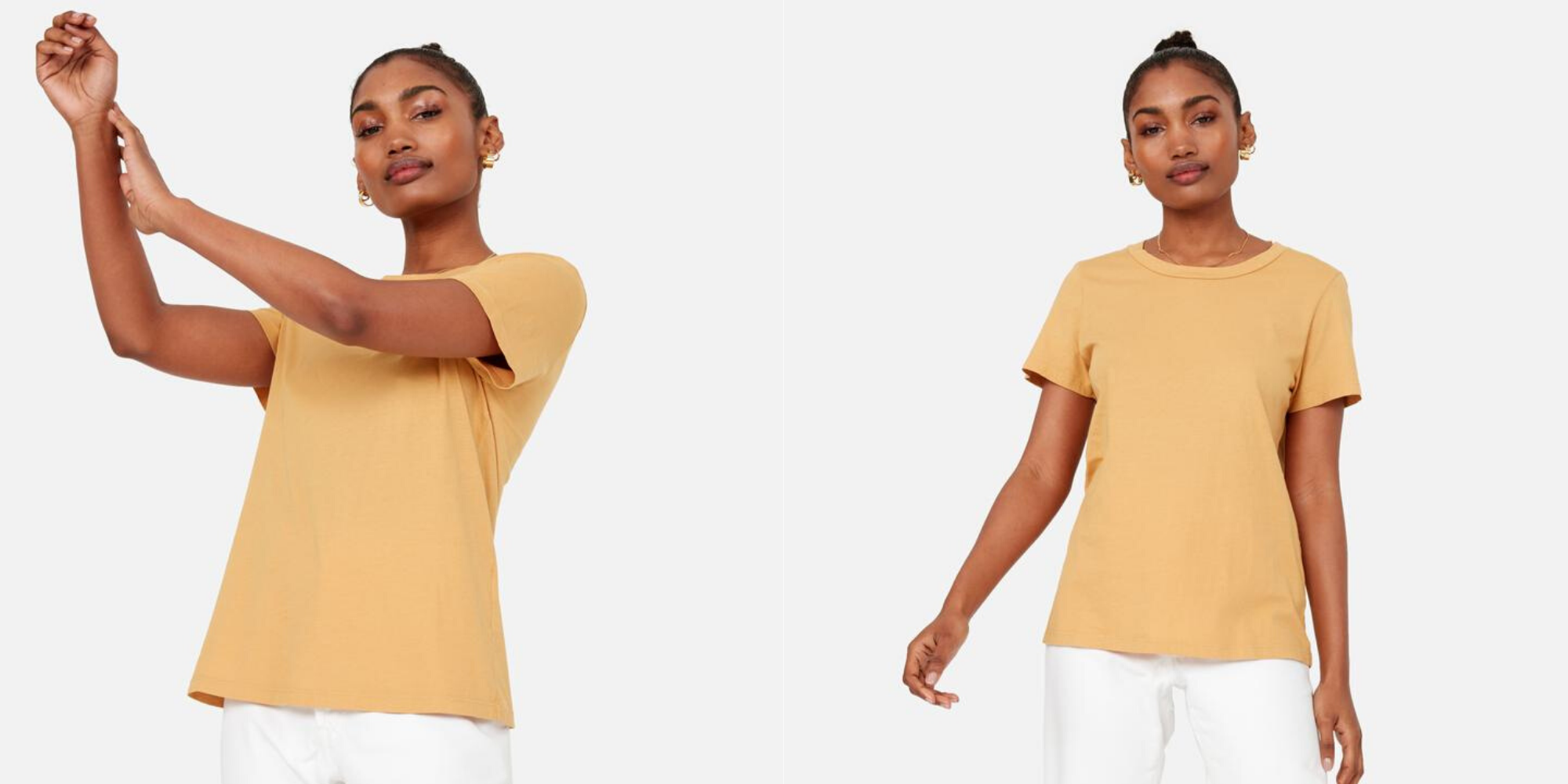 woman of colour wearing mustard sustainably produced tshirt from mate the label