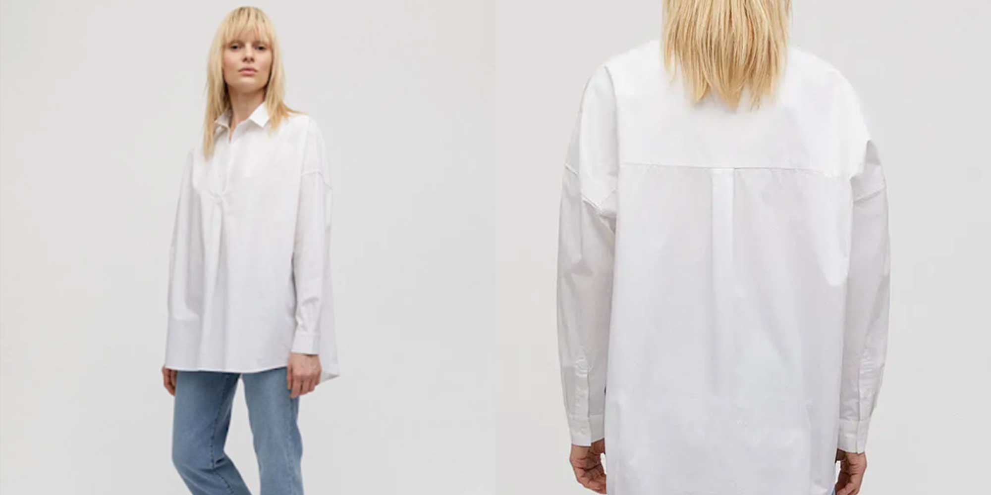 white oversized button up shirt from ethical brand Armedangels