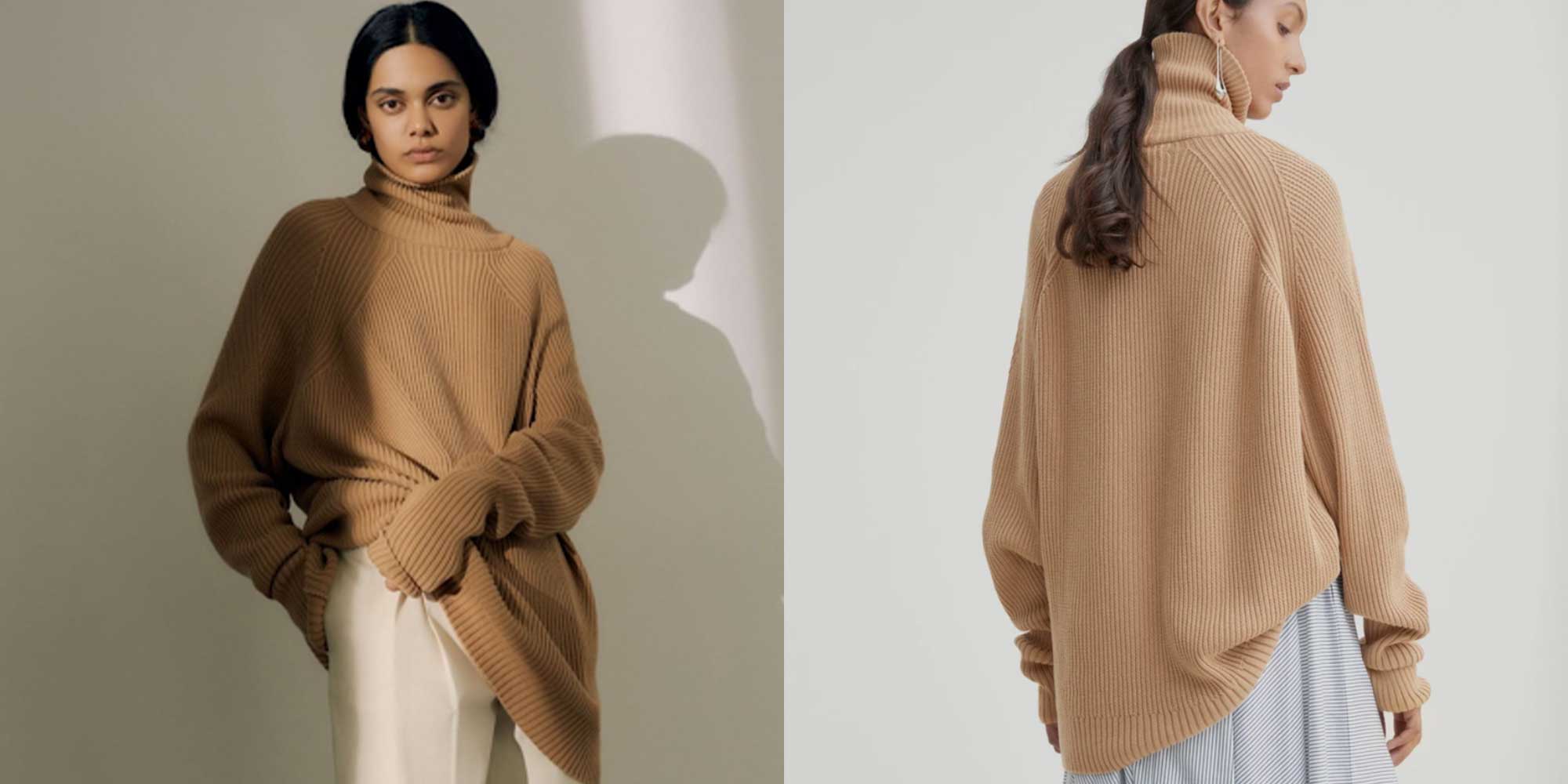 woman wearing beige oversized knit from ethical brand Kowtow