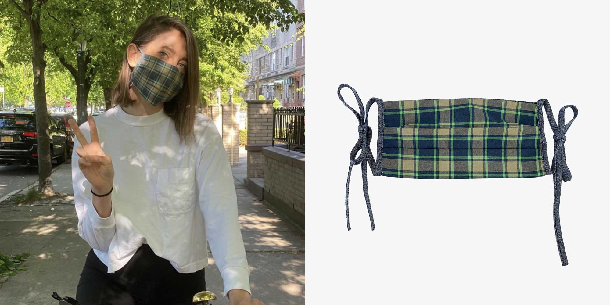 woman wearing checkered sustainable mask by hyer goods