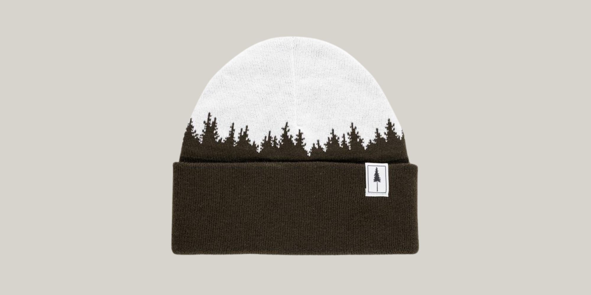 White and brown forest print sustainable winter essential beanie by NIKIN.