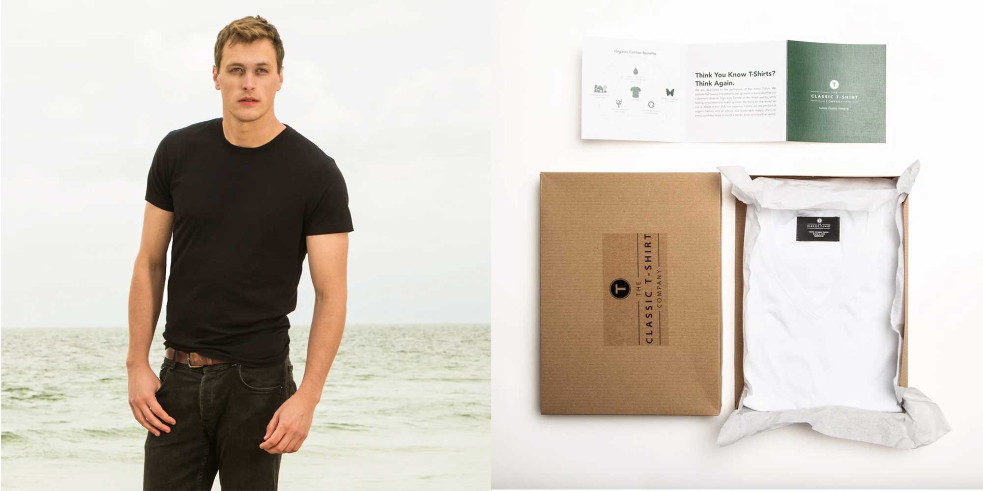 man wearing short sleeve black organic GOTS cotton tshirt from The Classic T-Shirt Company