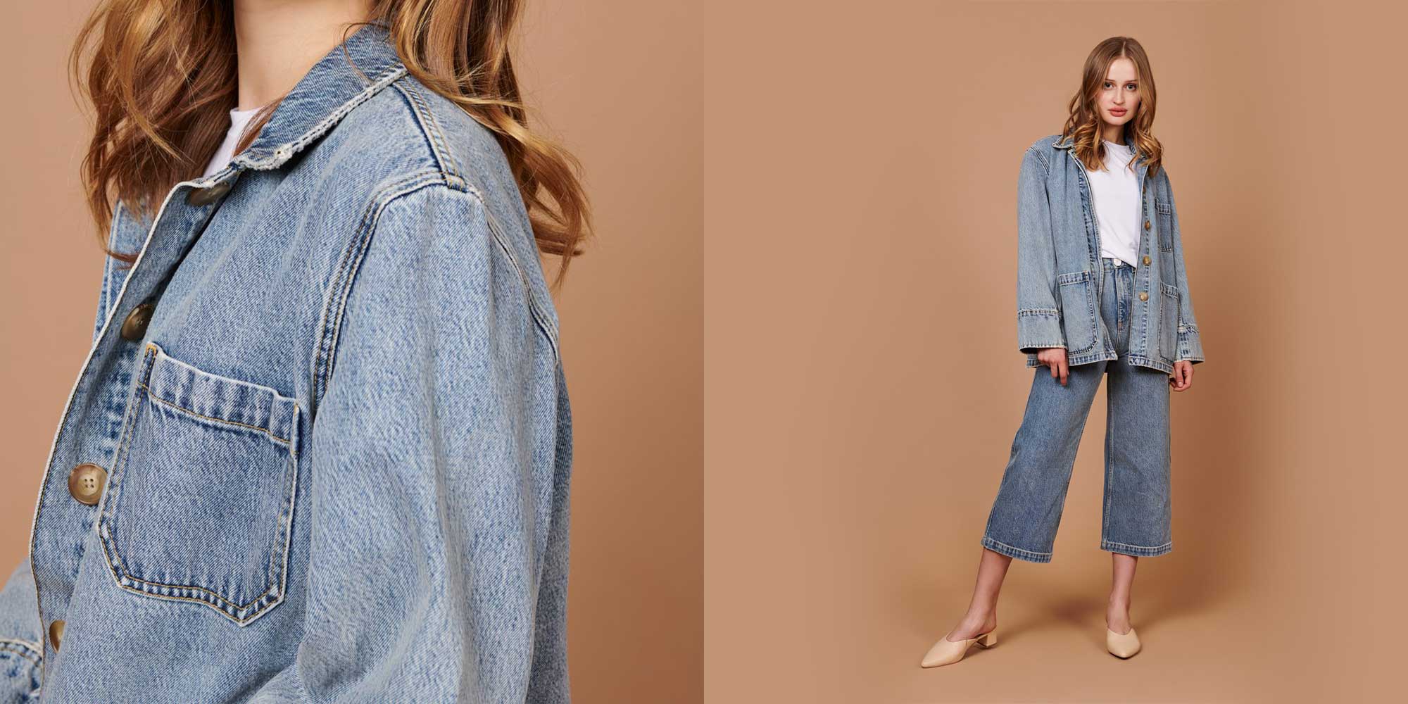 woman wearing whimsy and row denim jacket and jeans