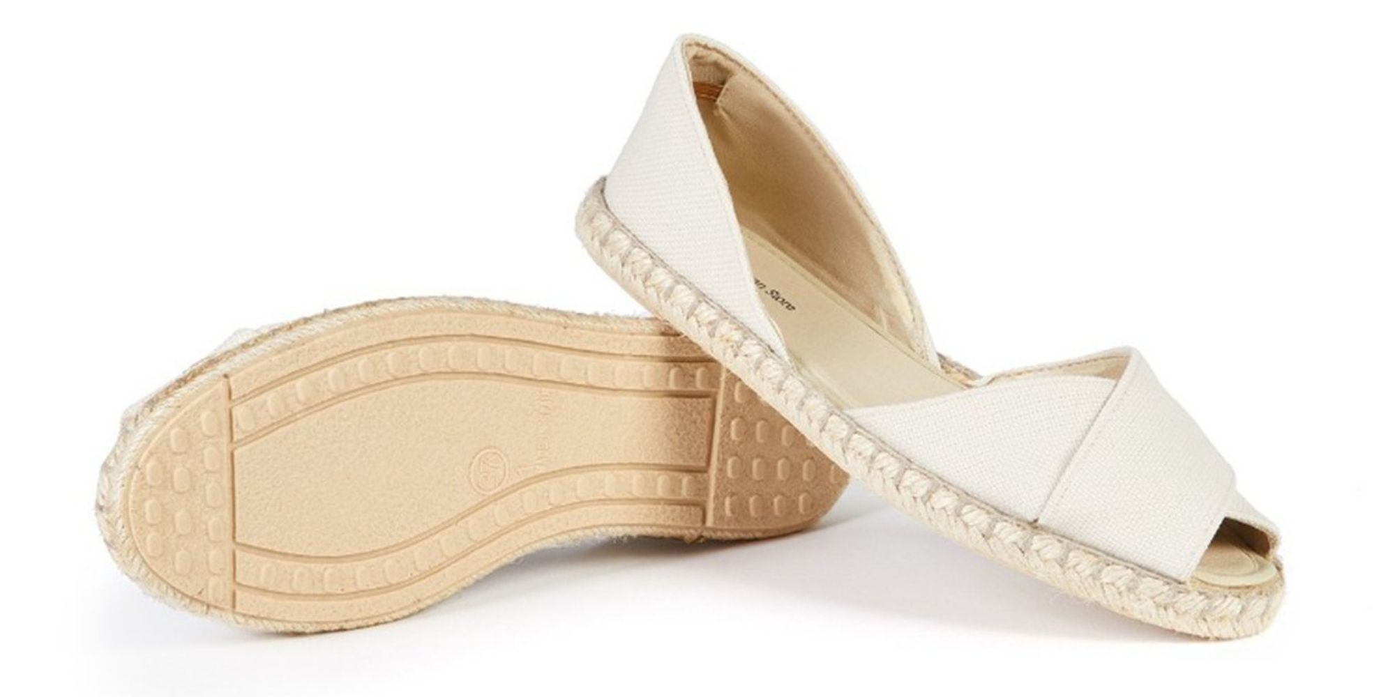 Close up of beige and cream ethical espadrilles from Will's Vegan Store.