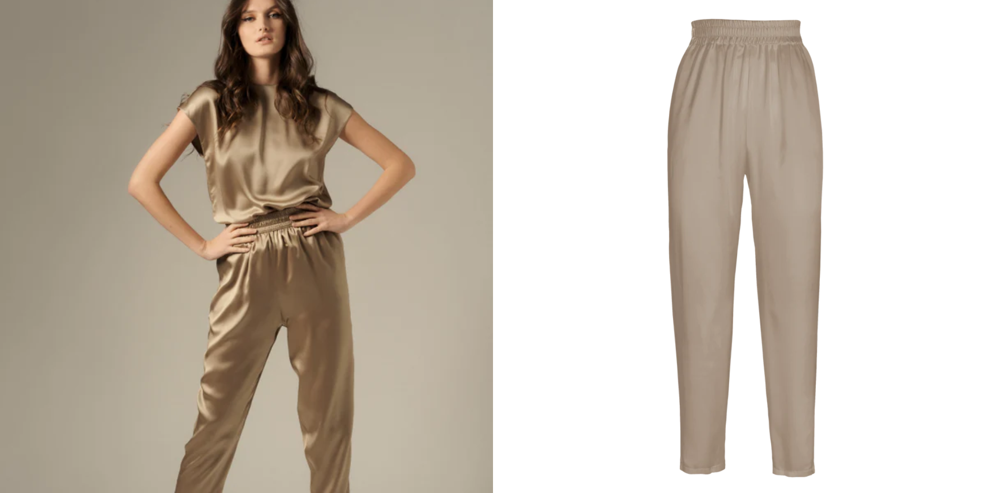 person in sand silk top and pants by HERTH