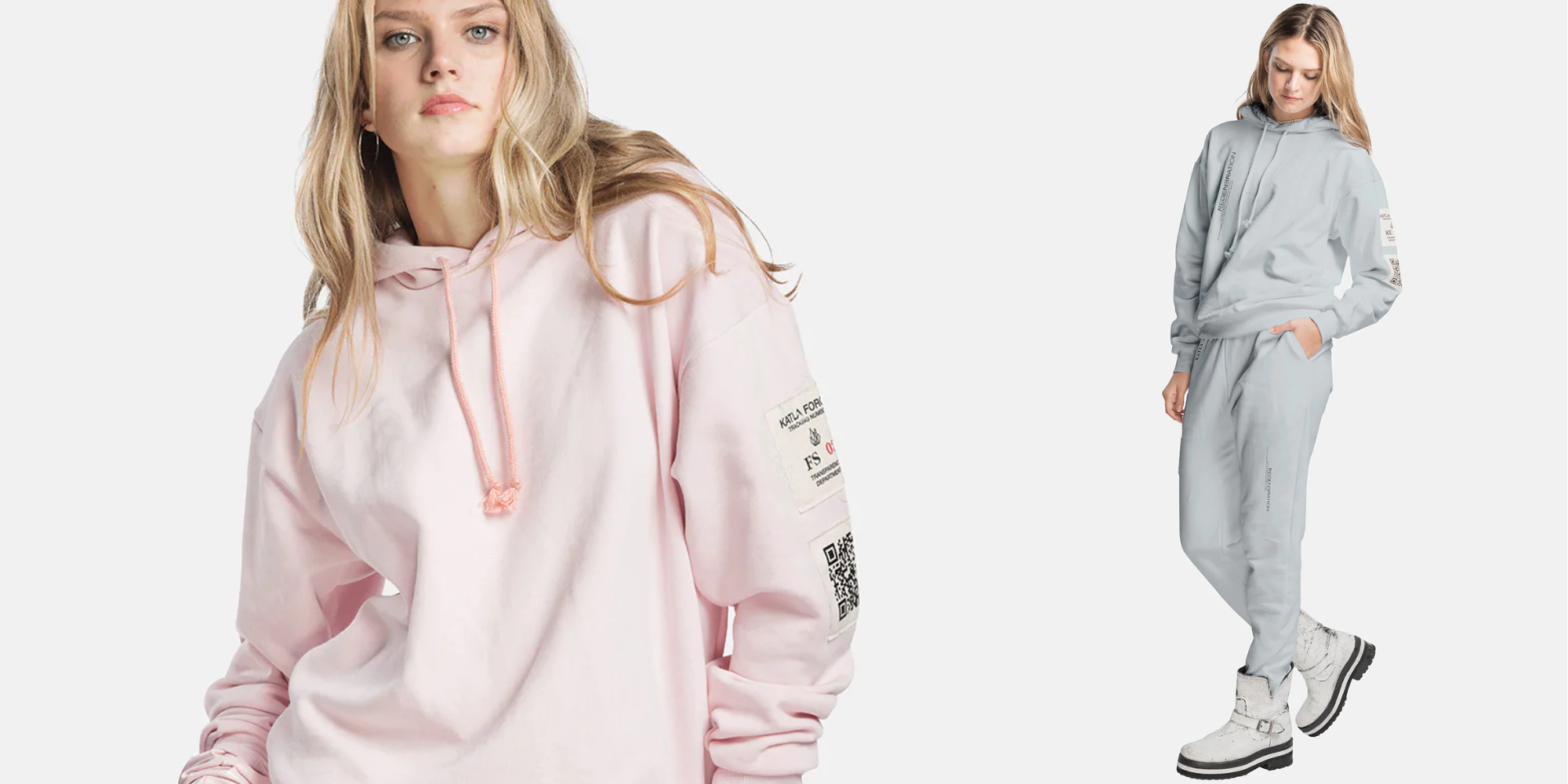 half view of model in pale pink hoodie, and full length view of model in blue hoodie and sweatpants by Katla