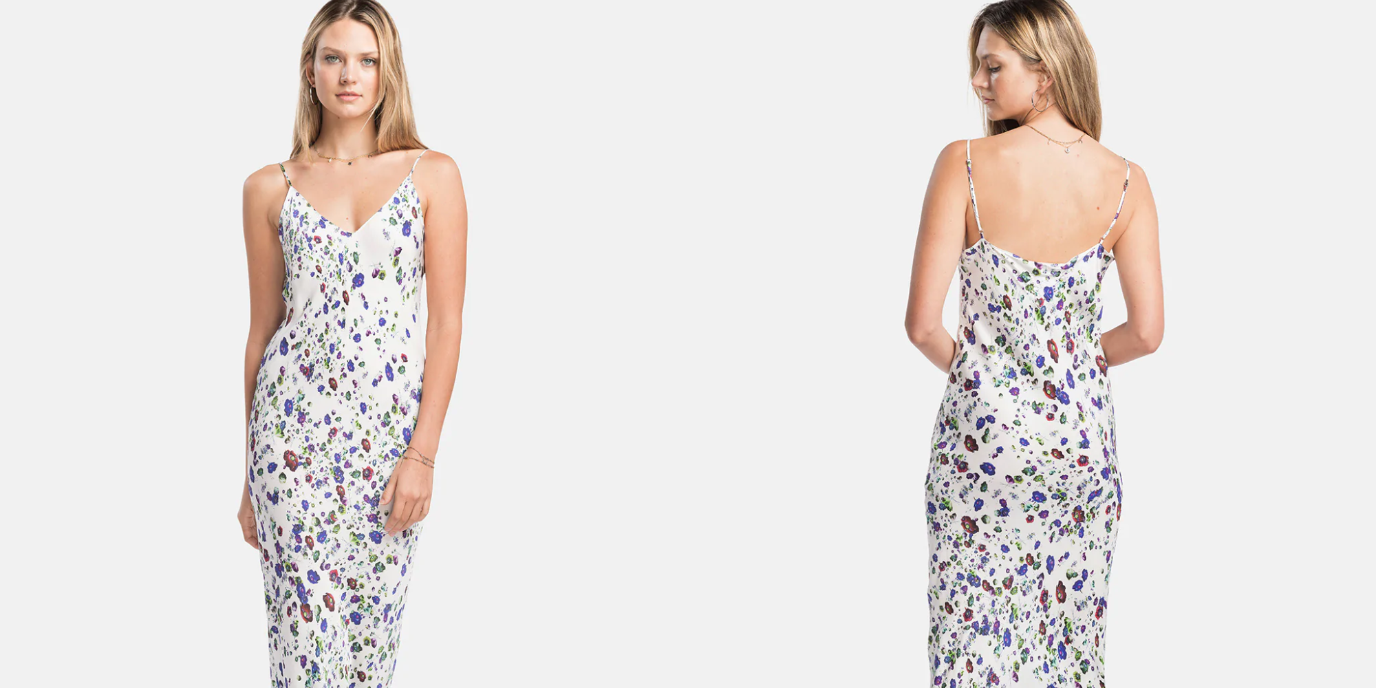 front and back view of model posing in patterned slip dress by Katla