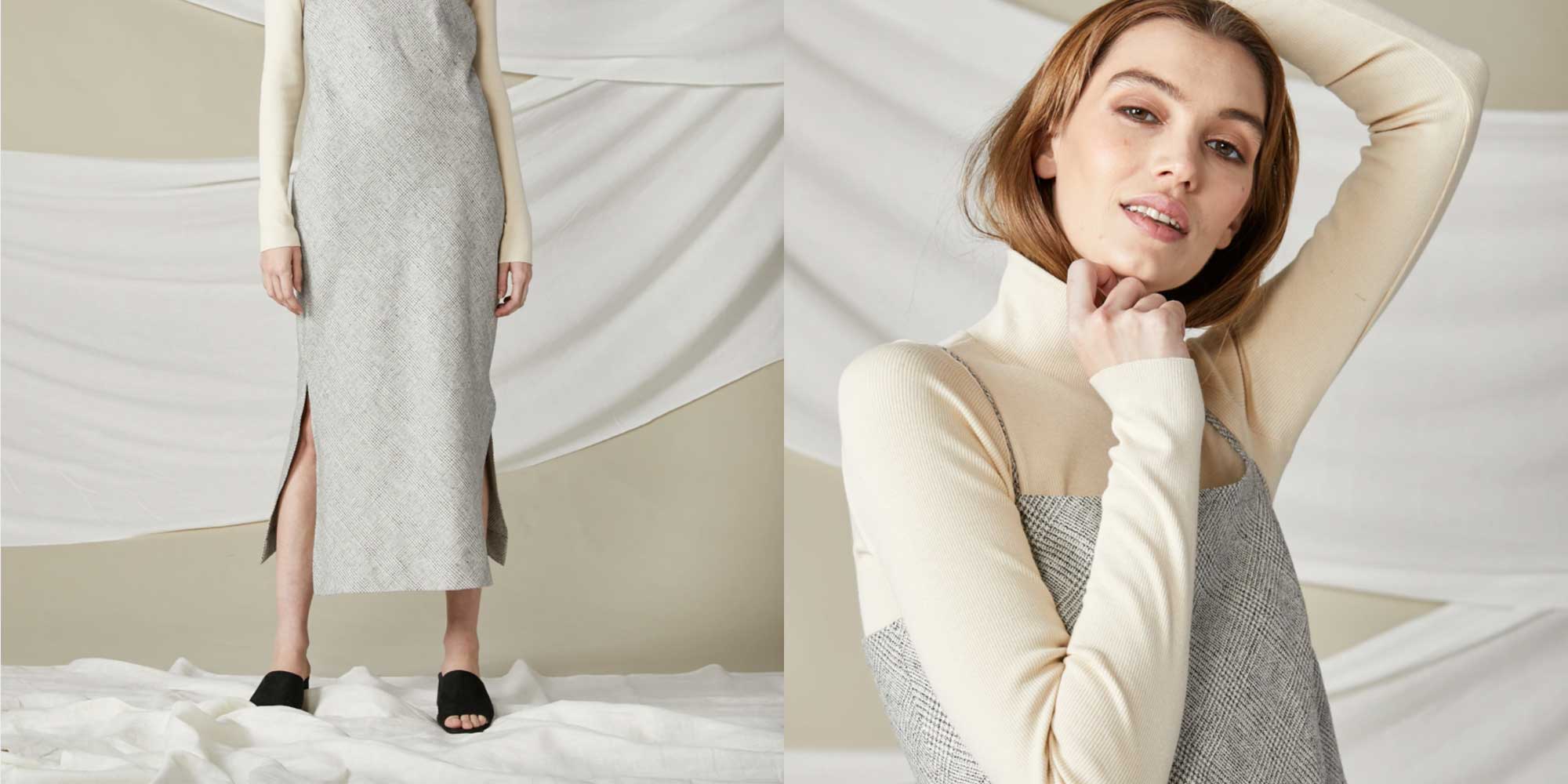 woman wearing grey sustainable slip dress by lois hazel