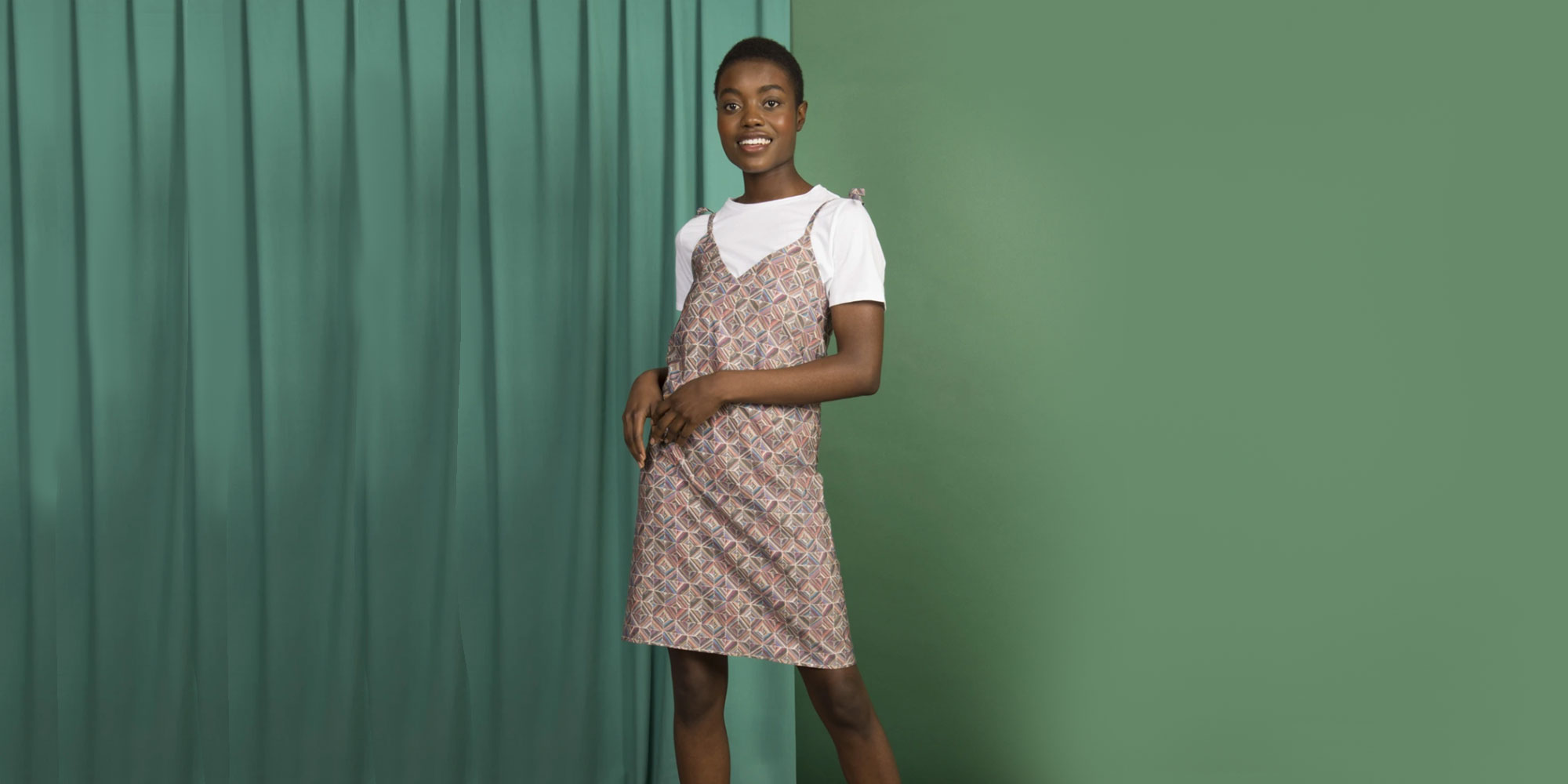 woman wearing short mayamiko sustainable slip dress