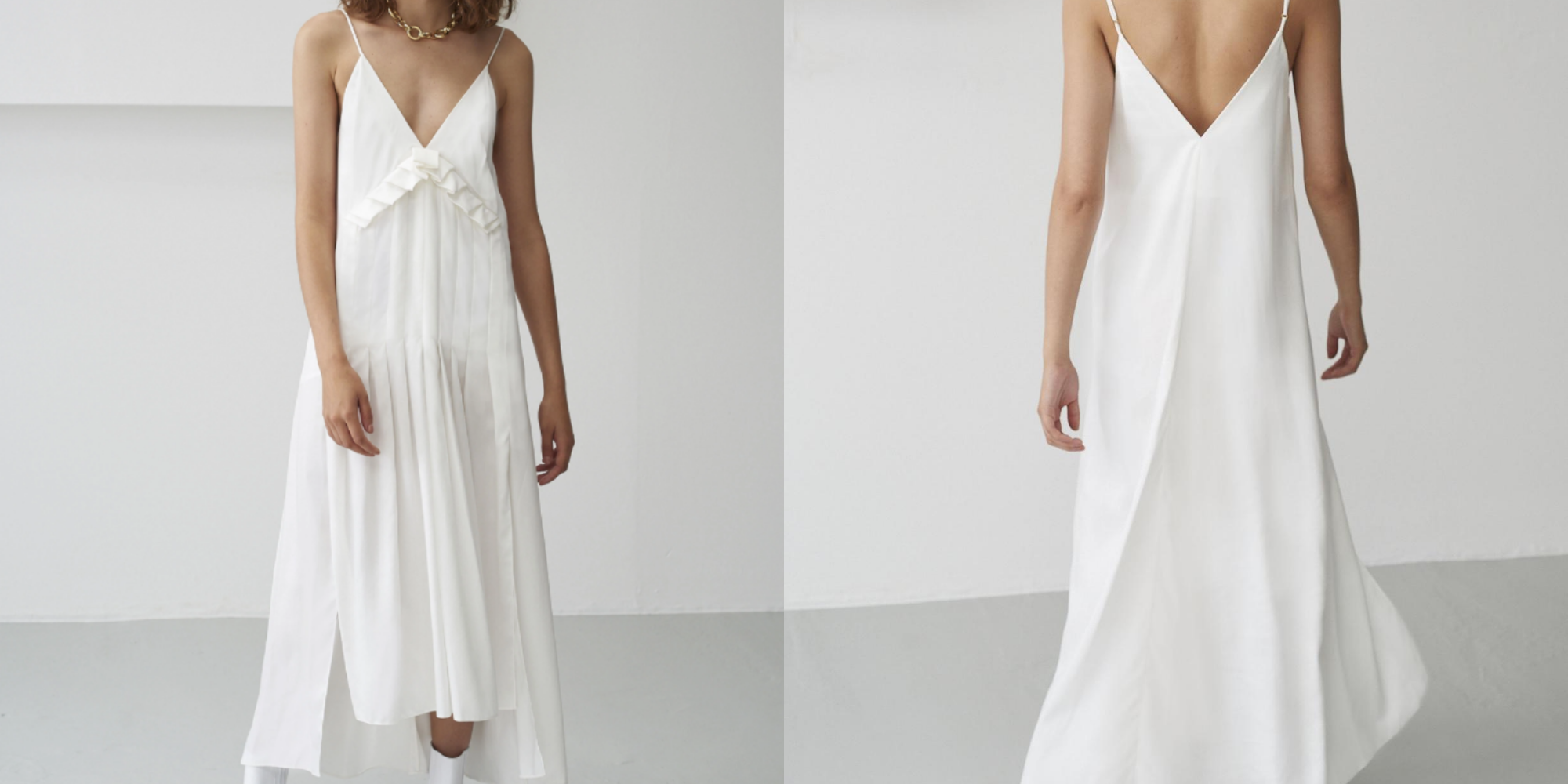 sustainable white slip dress by brand mother of pearl