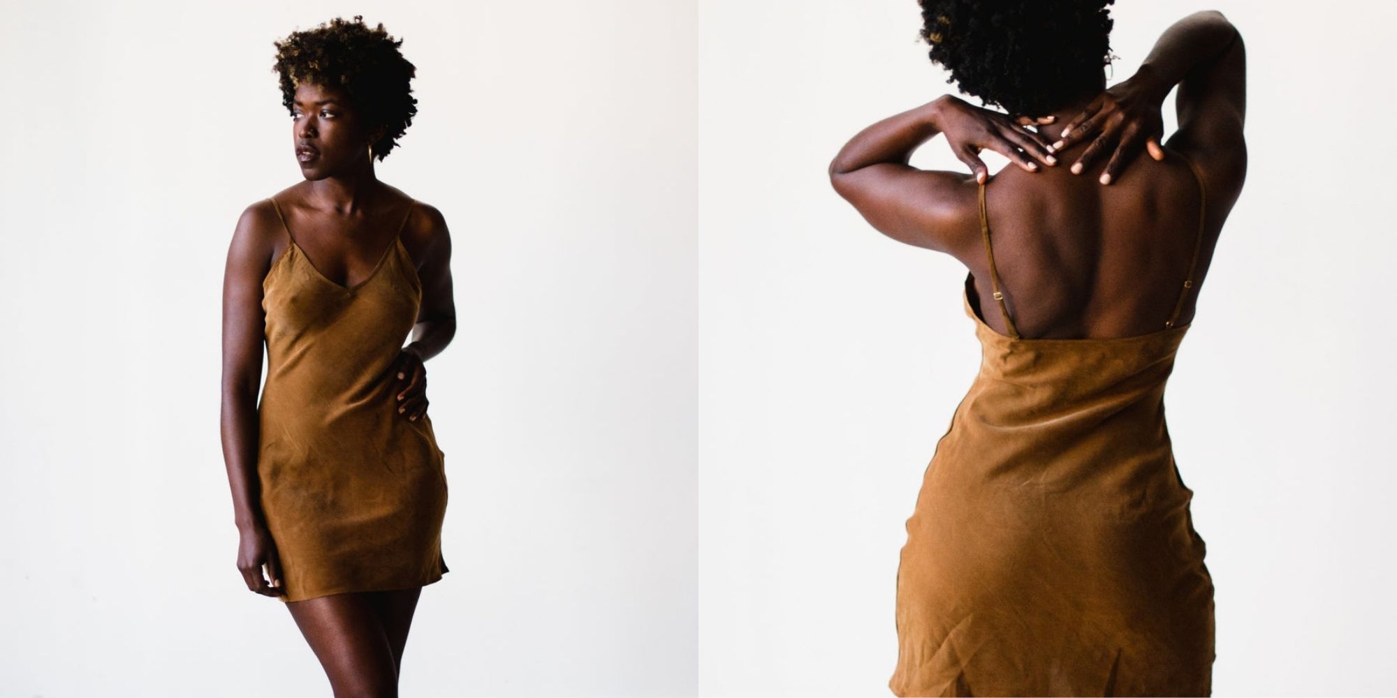 Someone wearing the Proclaim Cupro slip dress in Ella Nude.