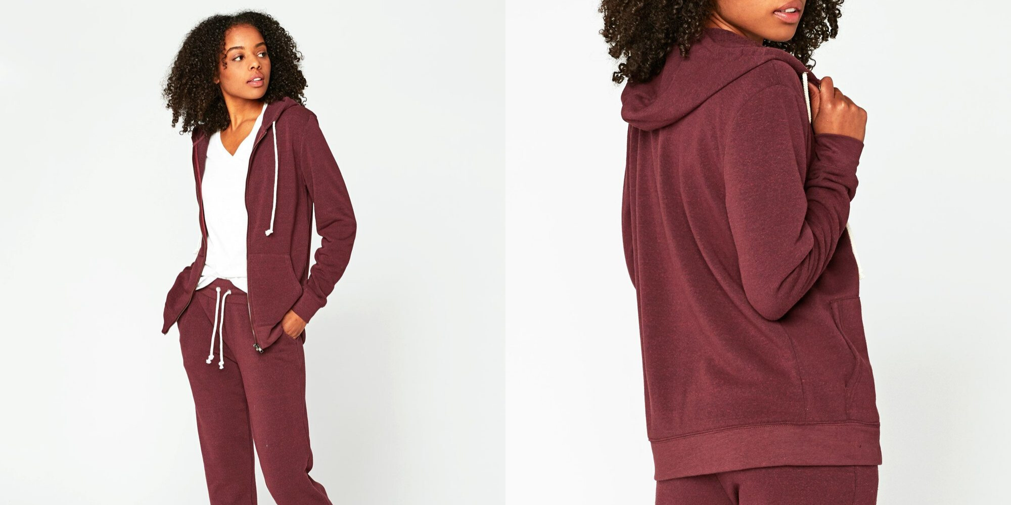 woman of colour in sustainable red hoodie by Threads 4 Thought