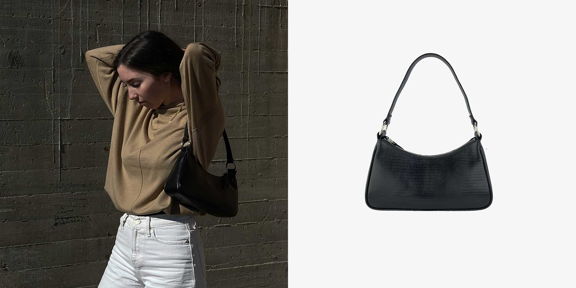 woman wearing black baguette bag by hyer goods