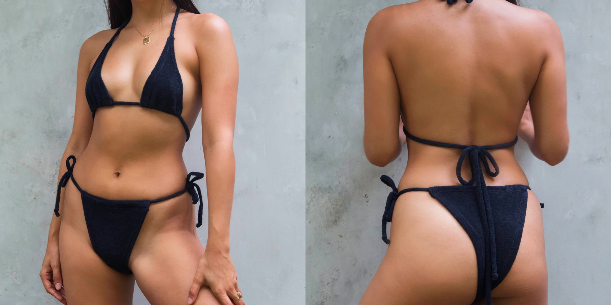 A woman in a sustainable terry cloth bikini top and bottom by Nightswim