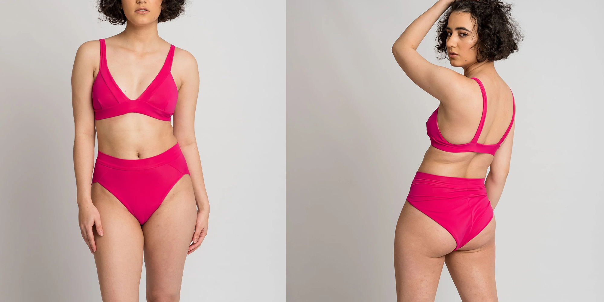 A woman in a pink bikini bottom by Elle Evans.