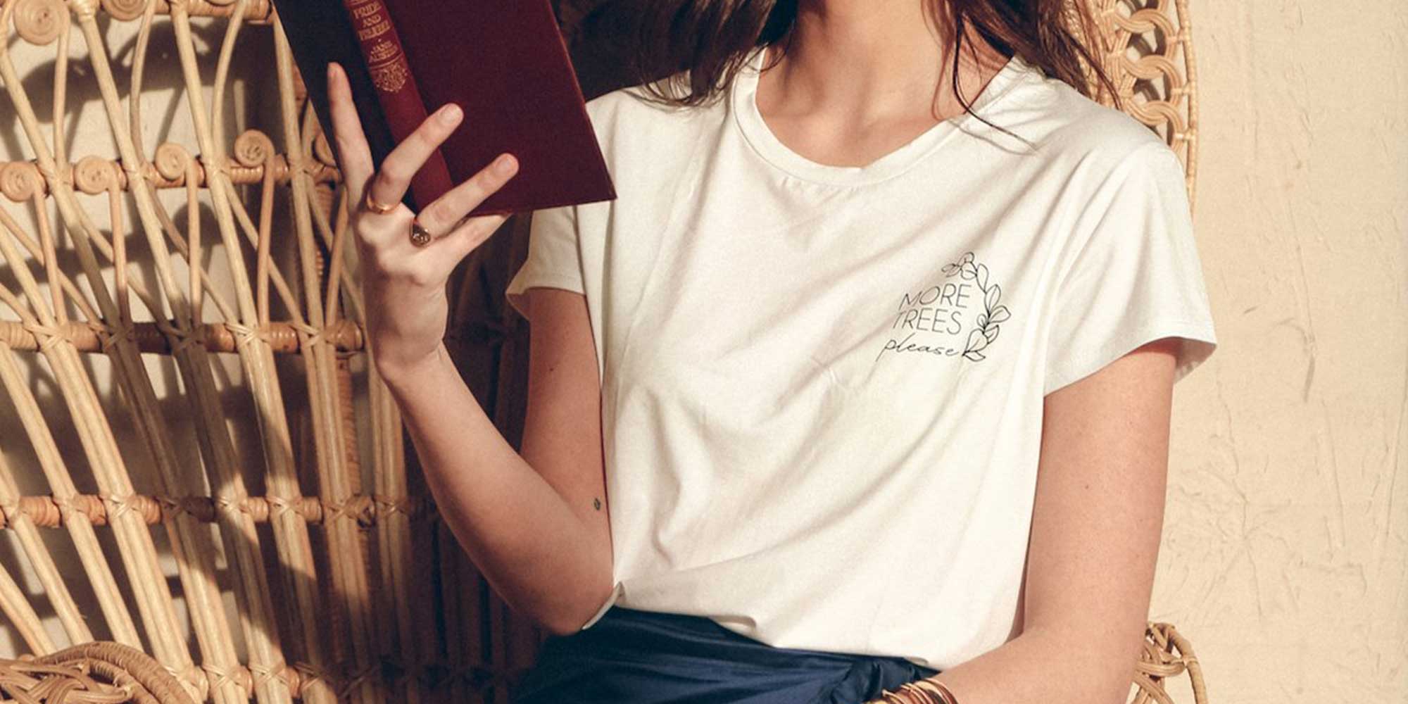 woman wearing more trees t-shirt by tamga