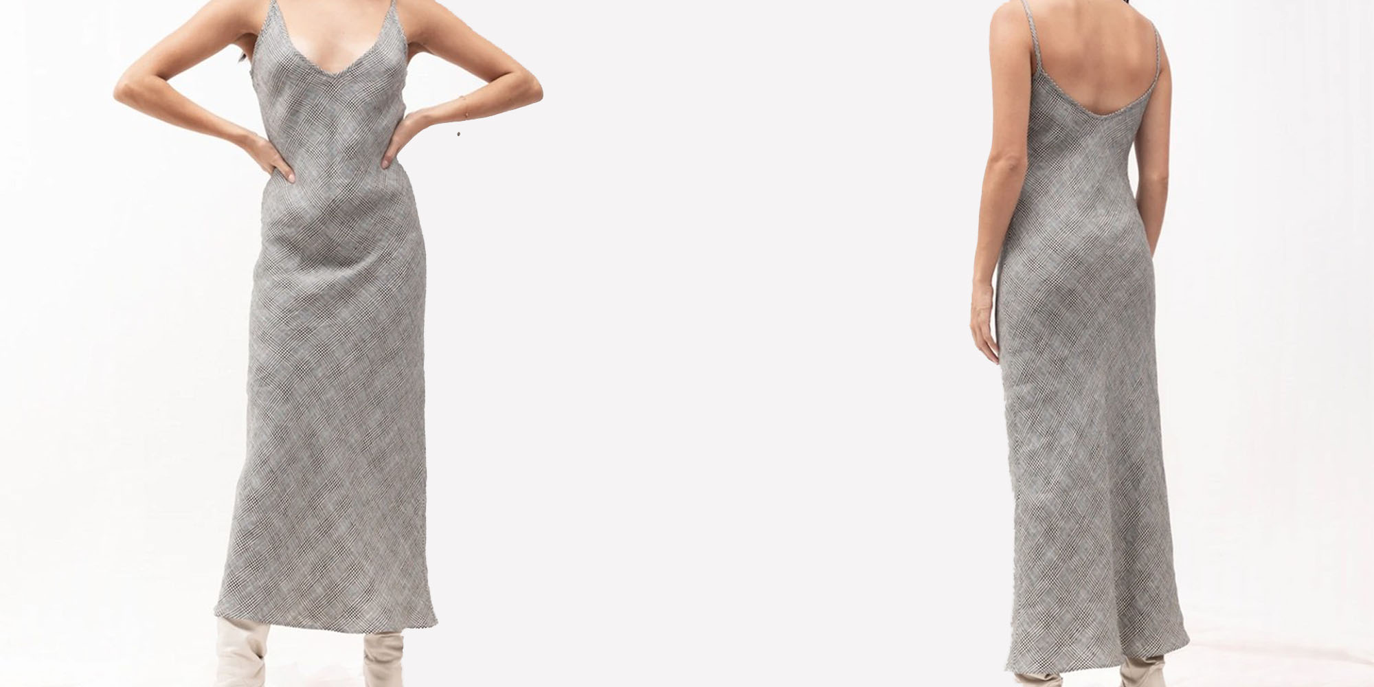 Woman in plaid ethical slip dress by Dominique Healy