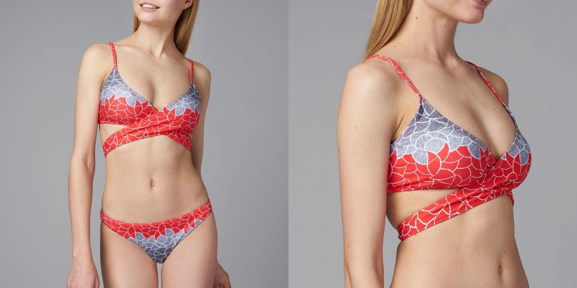 woman wearing sustainable bikini in red and blue coral pattern by Loop Swim