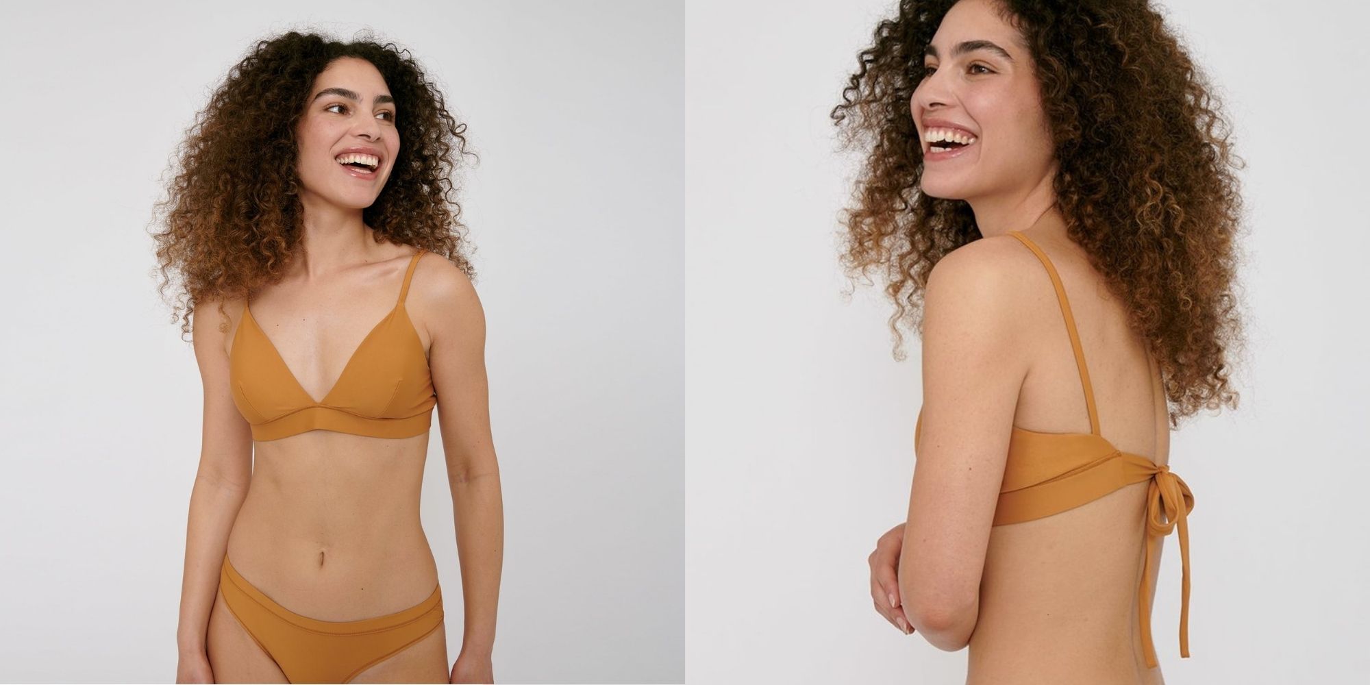 woman of colour wearing ochre recycled plastic bikini