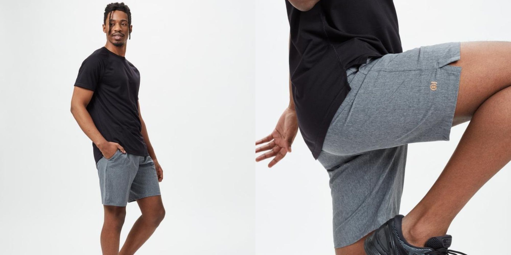 man wearing grey ethical activewear for men agility shorts ethically made by tentree