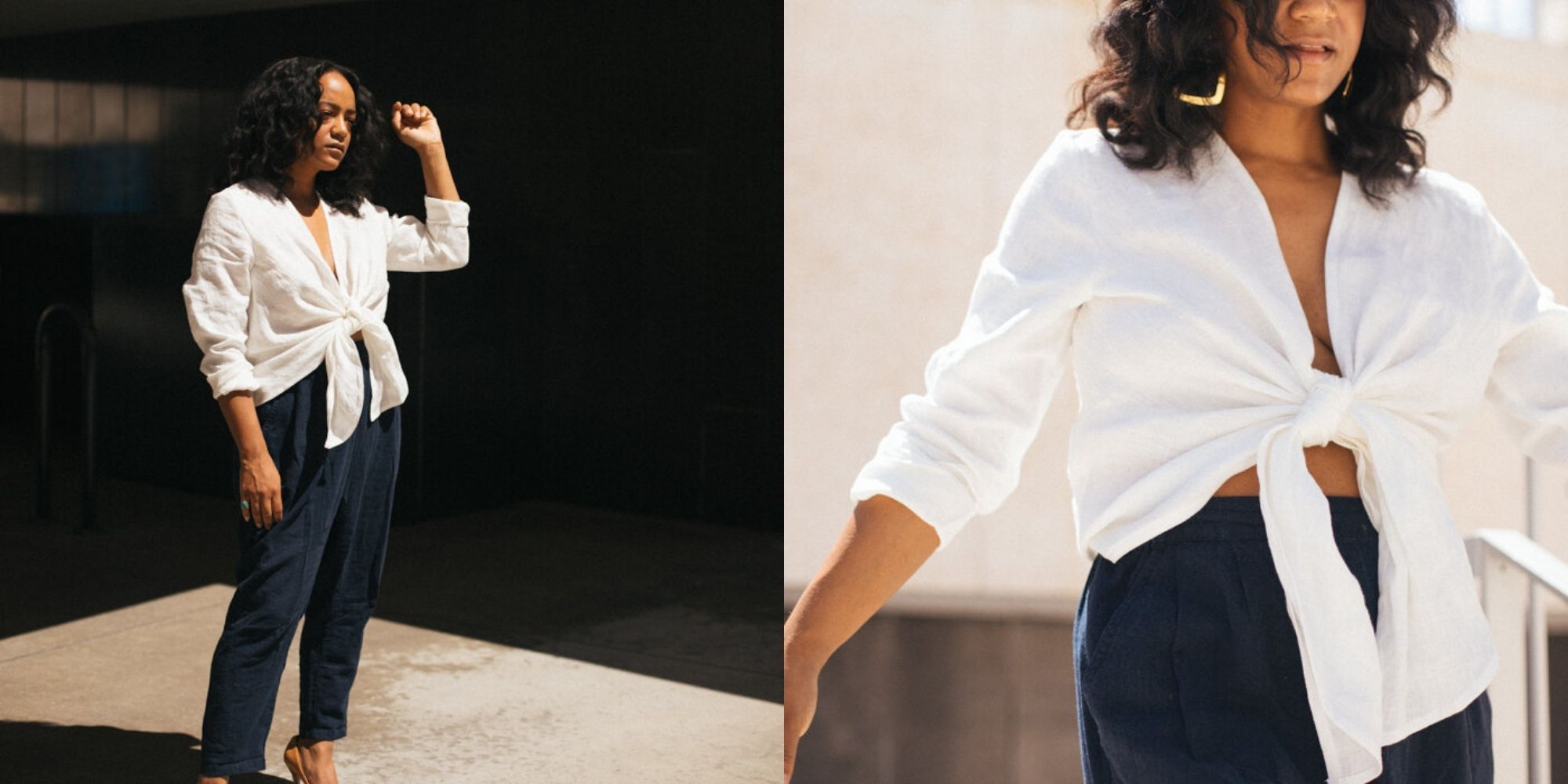 Someone wearing a white tie-front linen top designed by The Tiny Closet.