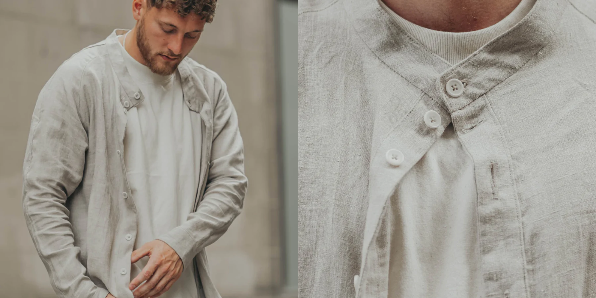 person in off-white oversized linen shirt and close up view of collar button by Kohr