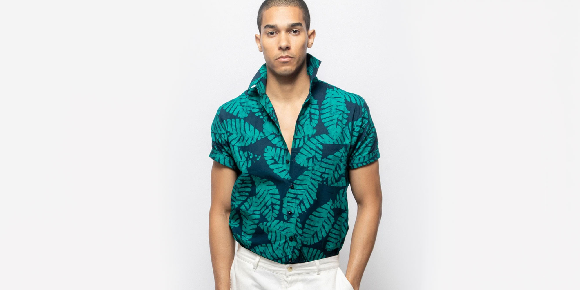 man wearing printed sustainable shirt by studio 189