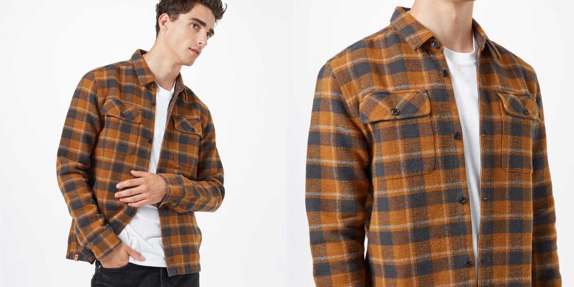man wearing brown flannel shirt by tentree