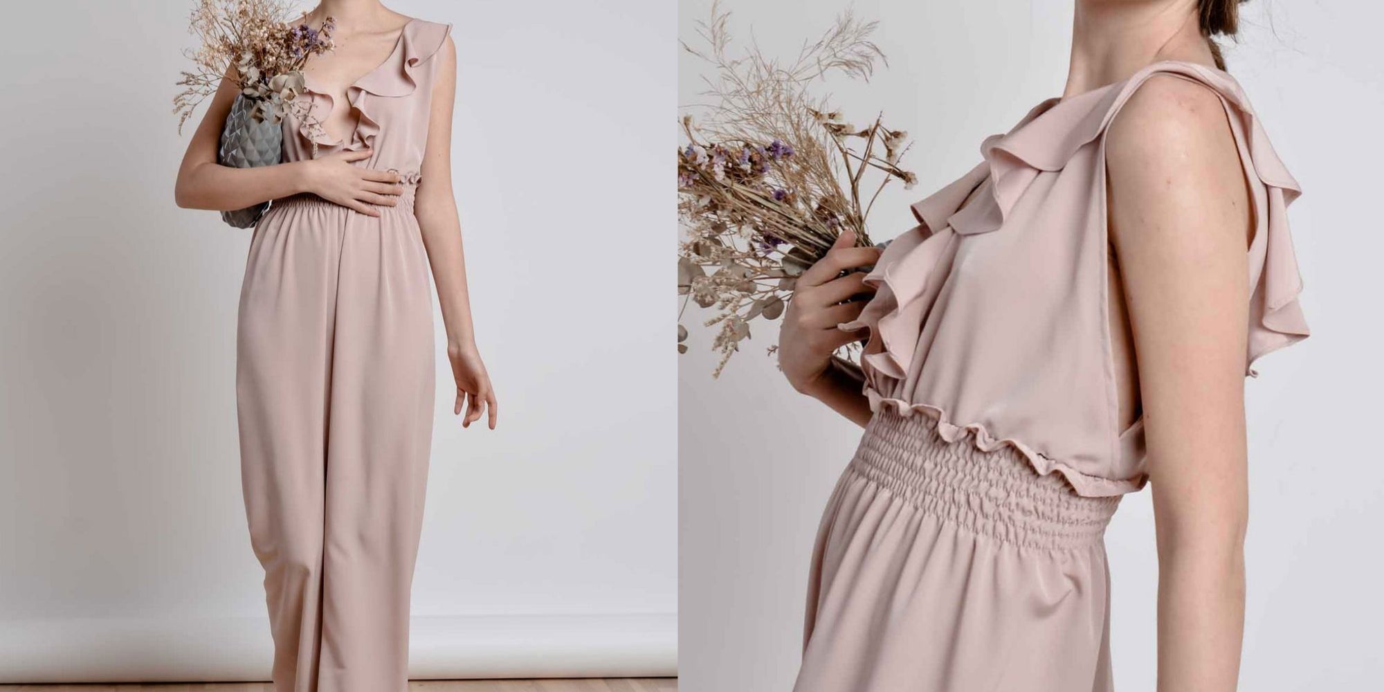 A pink frilly jumpsuit designed ethically by BASTET NOIR.