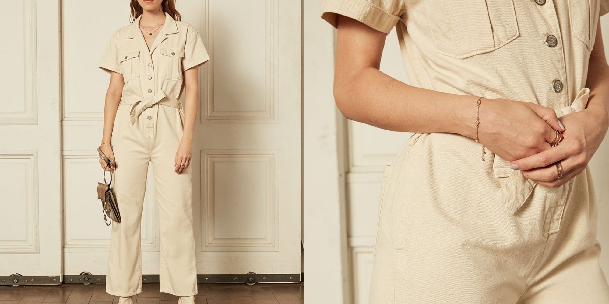 Someone wearing a natural wash short sleeved jumpsuit by Boyish.