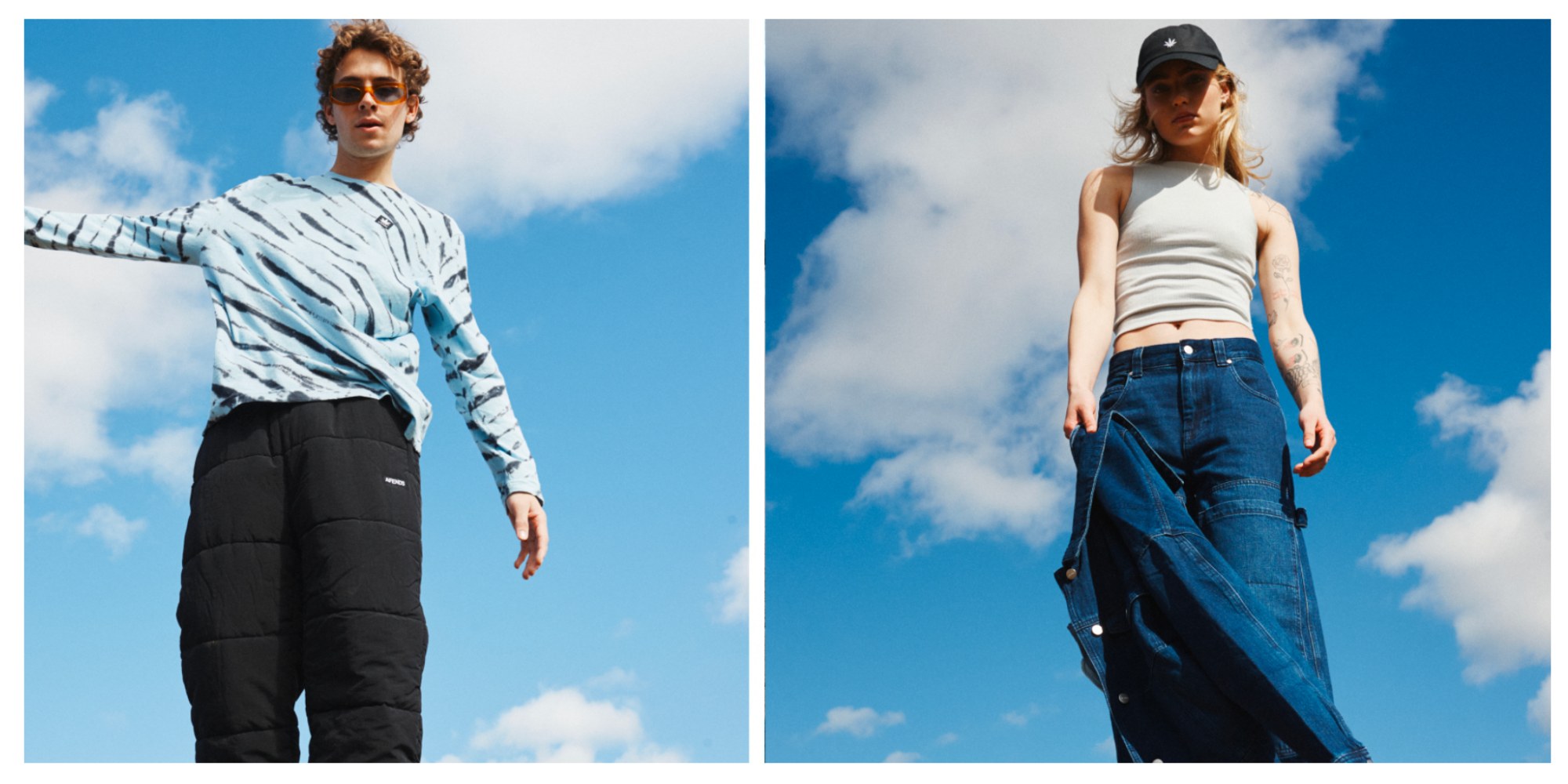two images of people in tops, shirts and trousers