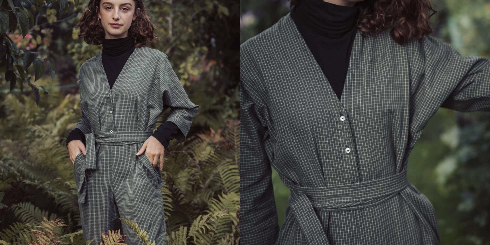Someone outdoors wearing a grey organic cotton jumpsuit by Jyoti Fair Works.