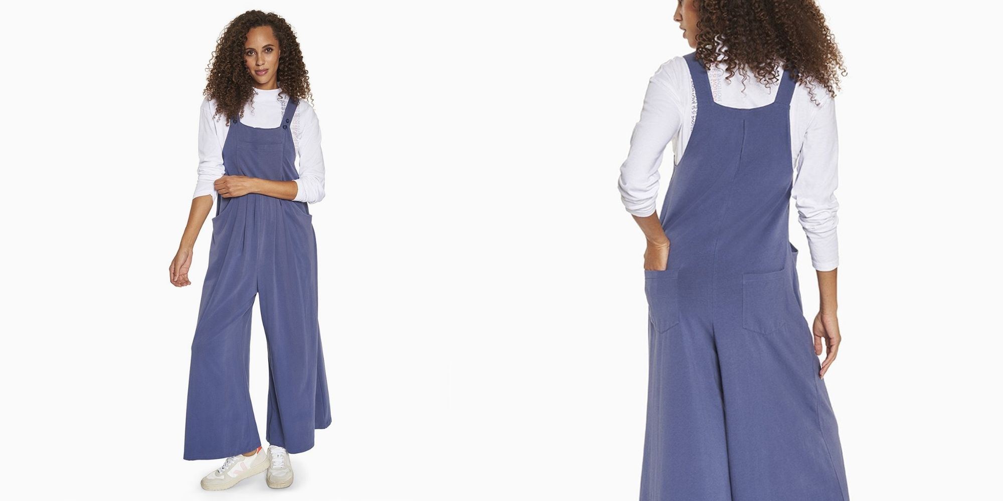 Blue oversized organic overalls designed by YES AND.