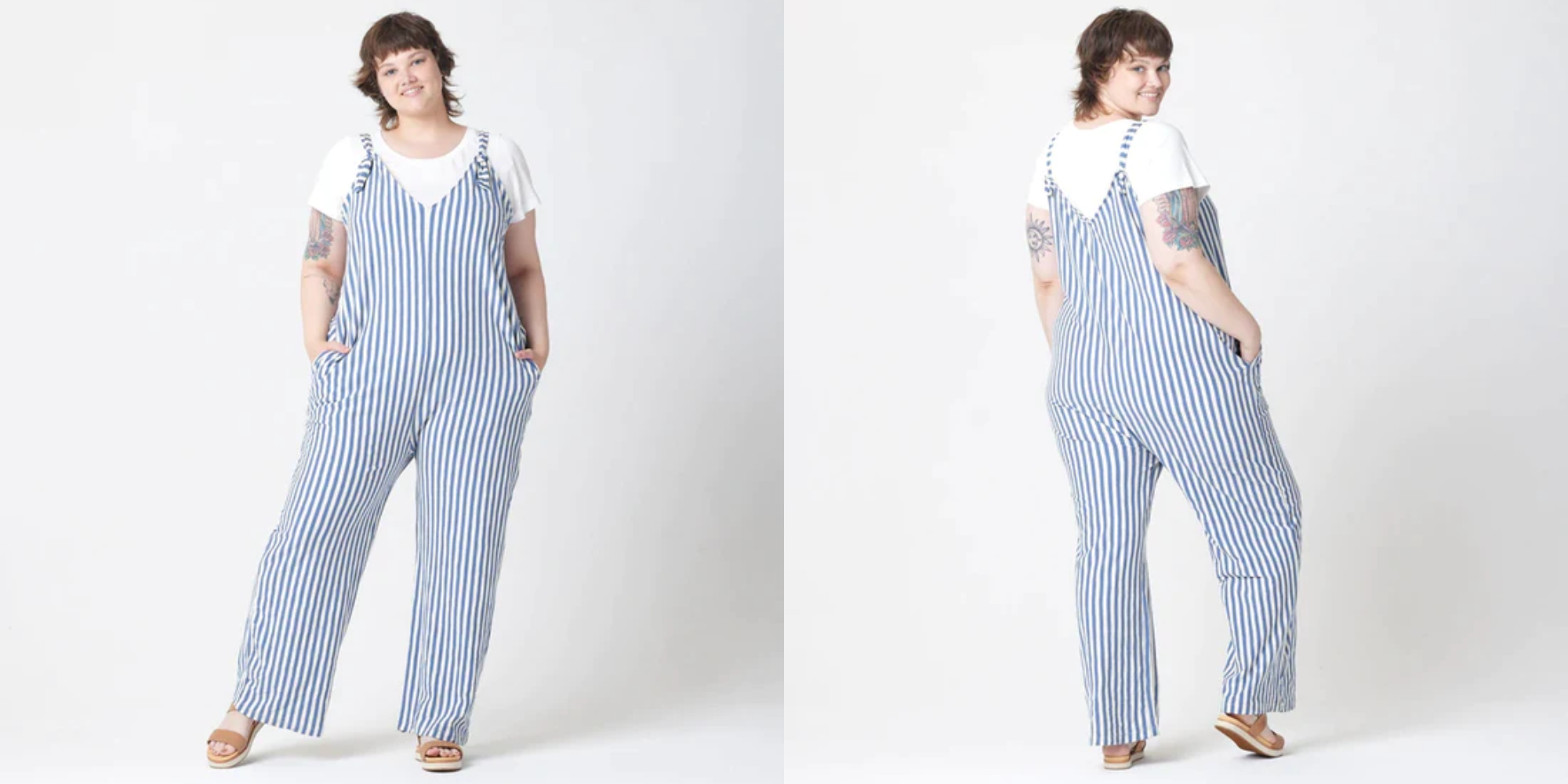 someone in steel blue stripe remy jumpsuit by known supply