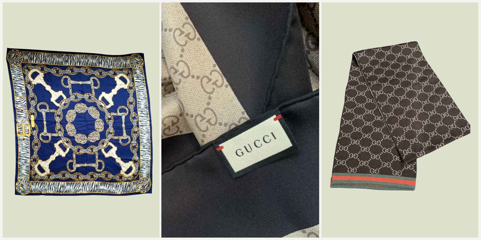 flat lay of pre-loved scarves by Gucci via Vestiaire Collective