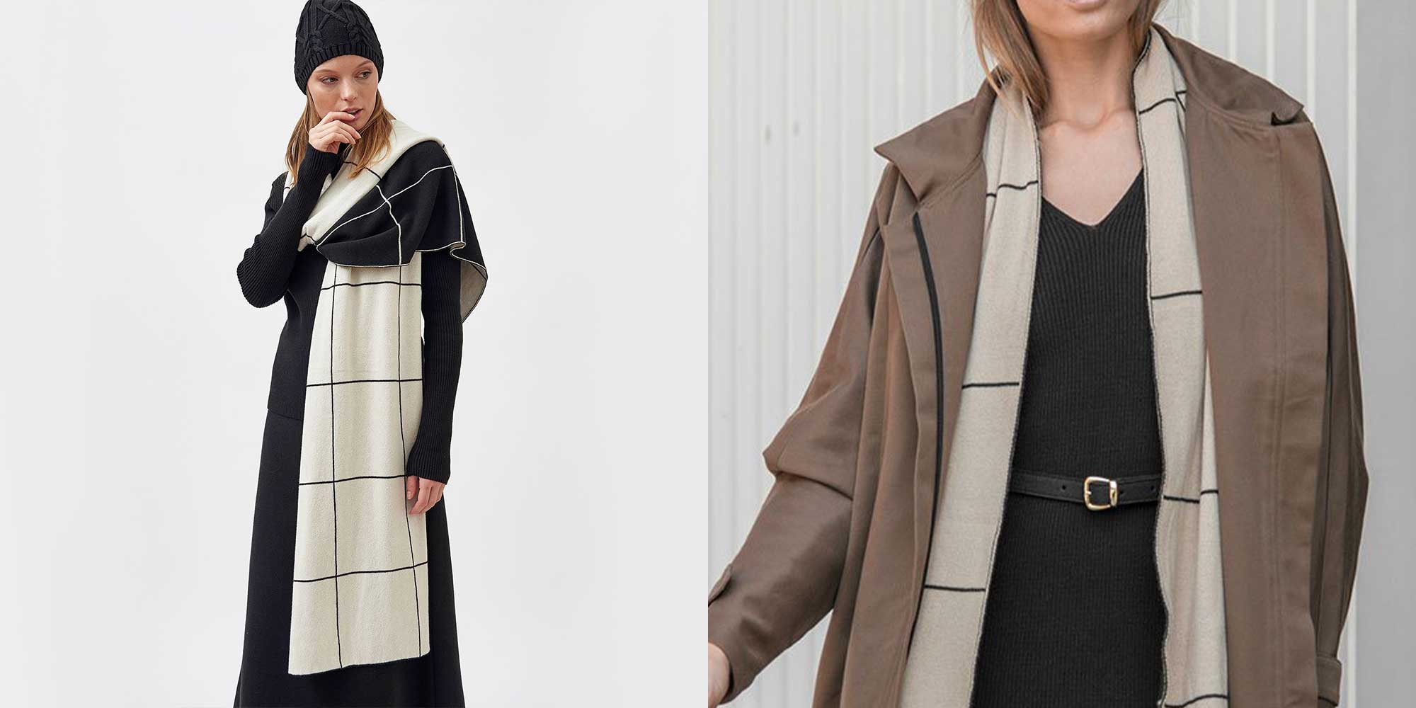 woman wearing checked sustainable scarf by mila vert