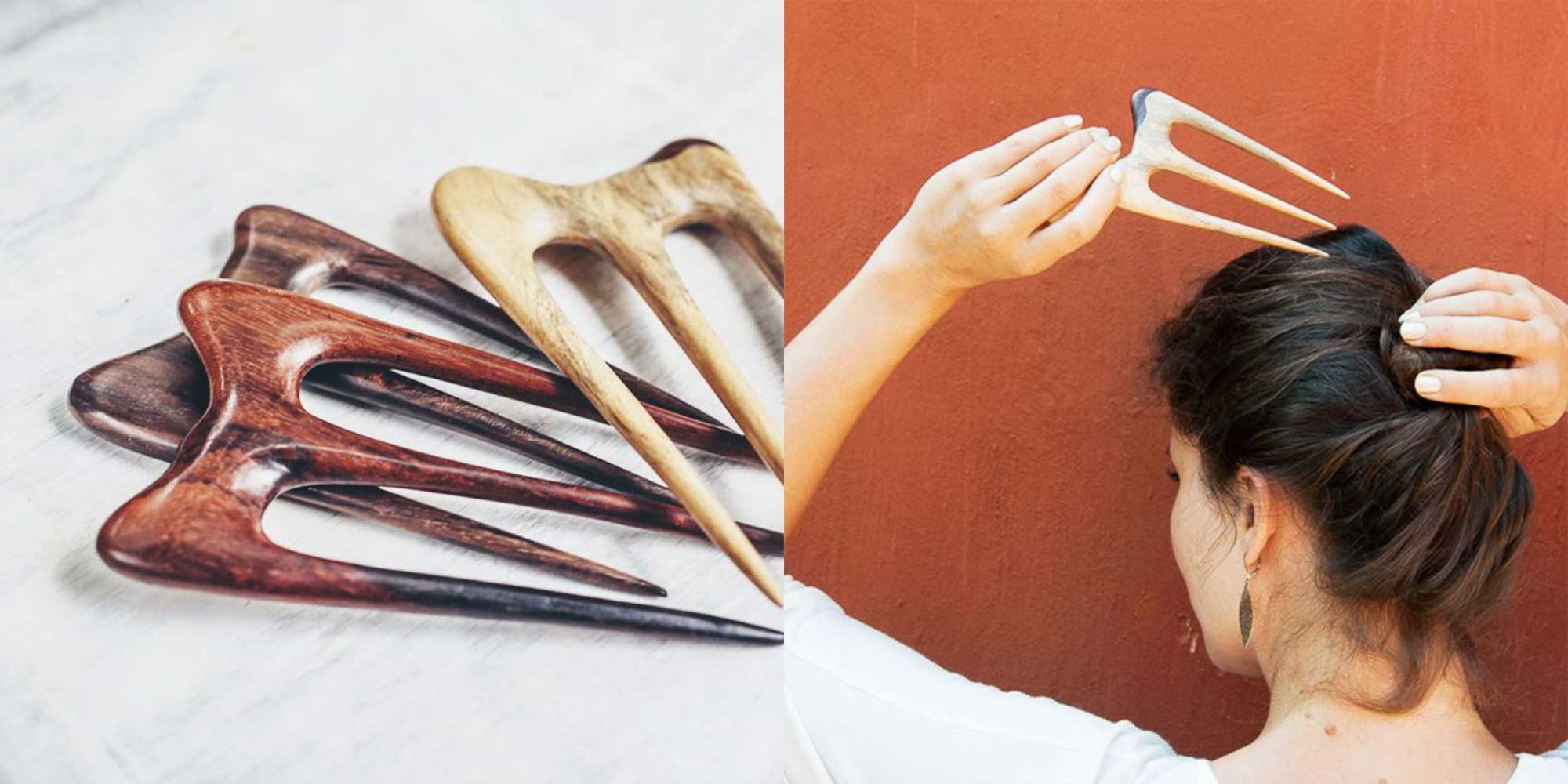 A selection of wooden hair forks by SAYA Designs.