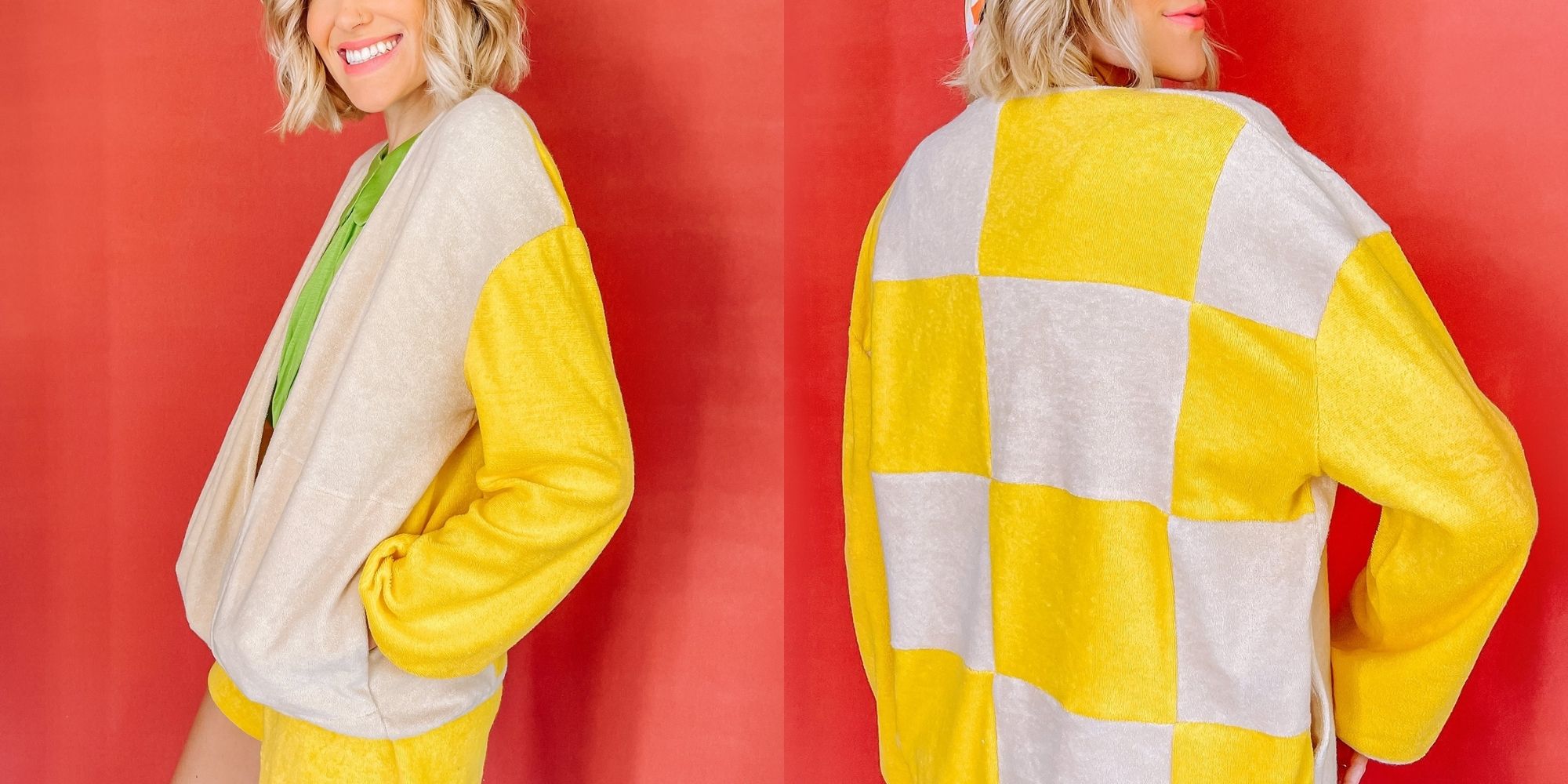 woman wearing lemon checkered jacket by Dazey LA