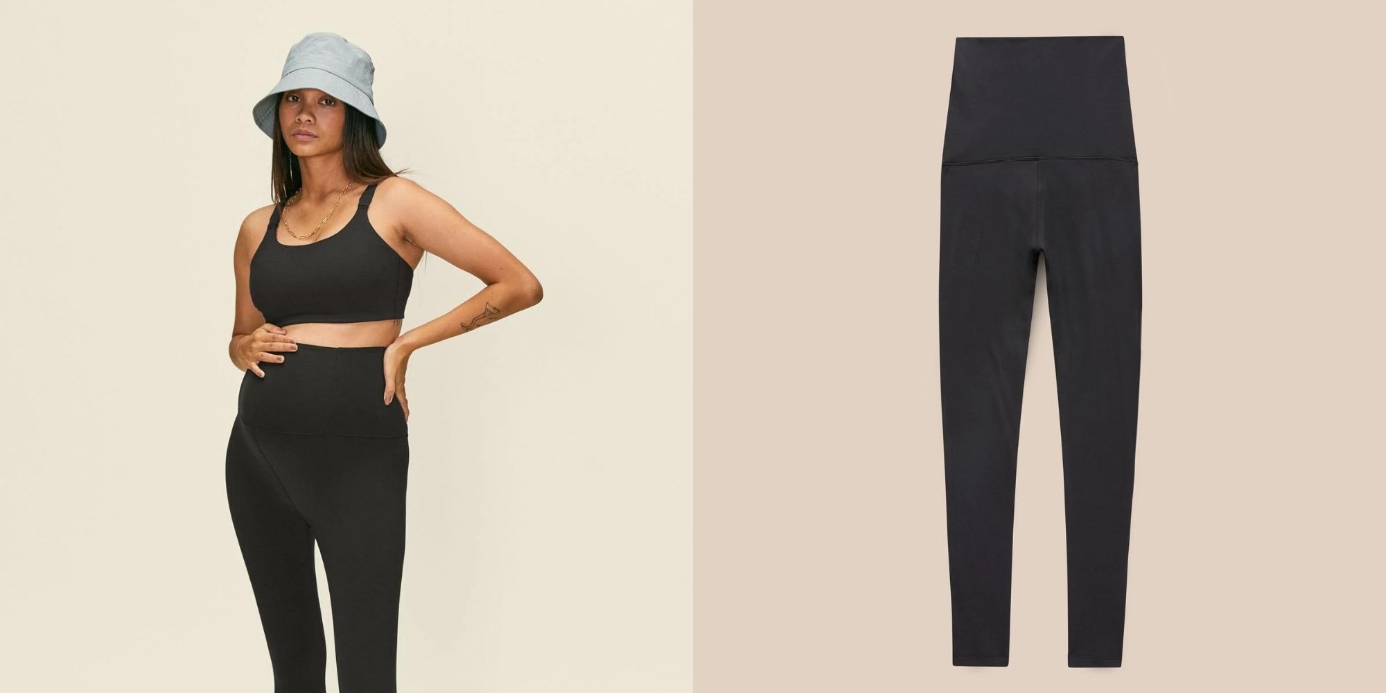 A pregnant person wearing a bucket hat and a black maternity activewear set by Girlfriend Collective.
