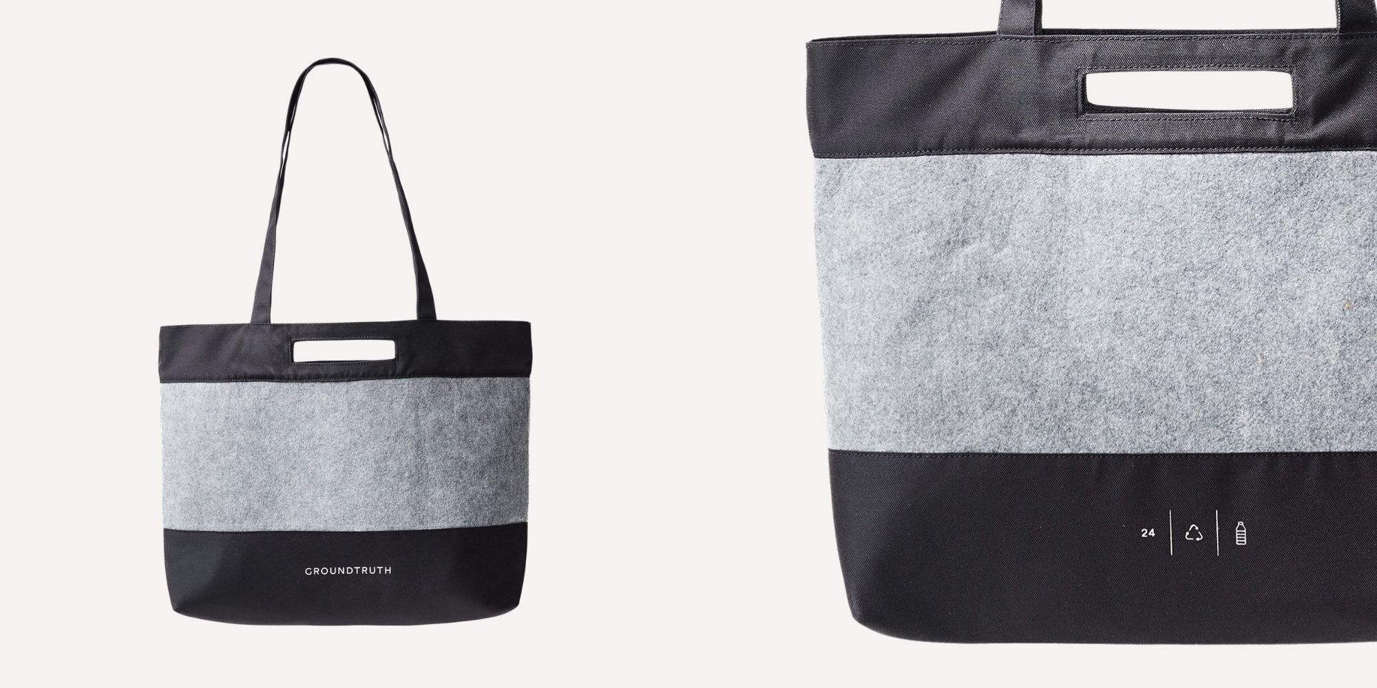 Studio product shots of a grey and black tote by GROUNDTRUTH made from recycled plastic bottles.