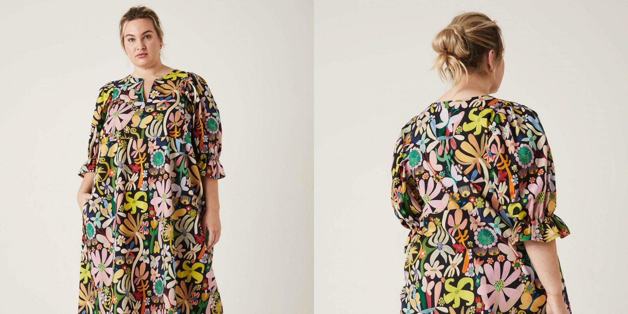 Person wearing size inclusive colourful dress by Kuwaii.