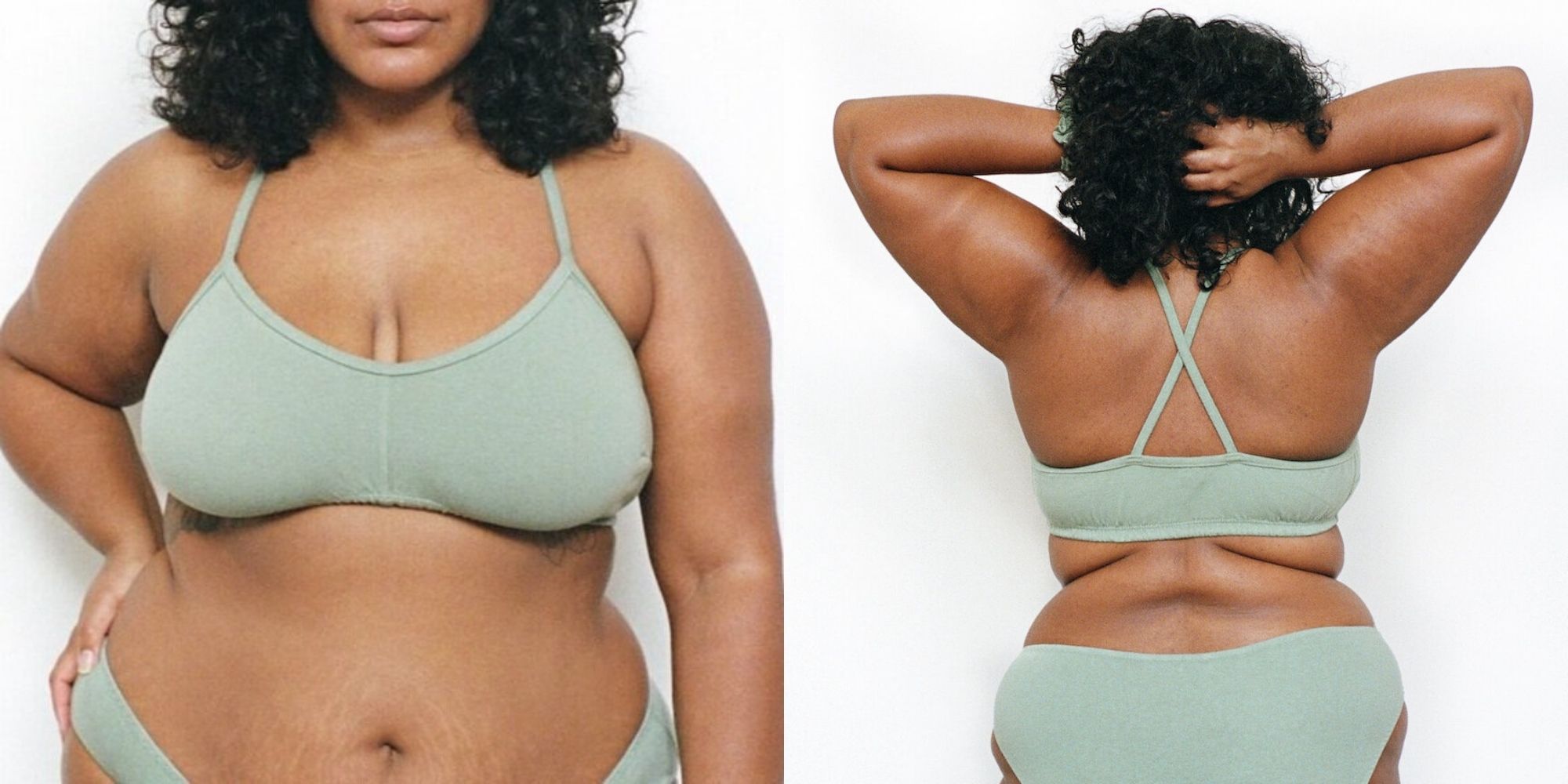 plus size woman of colour wearing light green organic cotton bra by Pansy