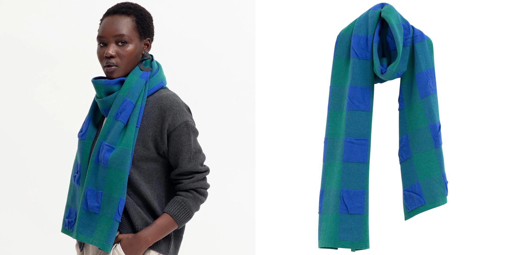 An organic cotton blue and green block pattern scarf by ELK.