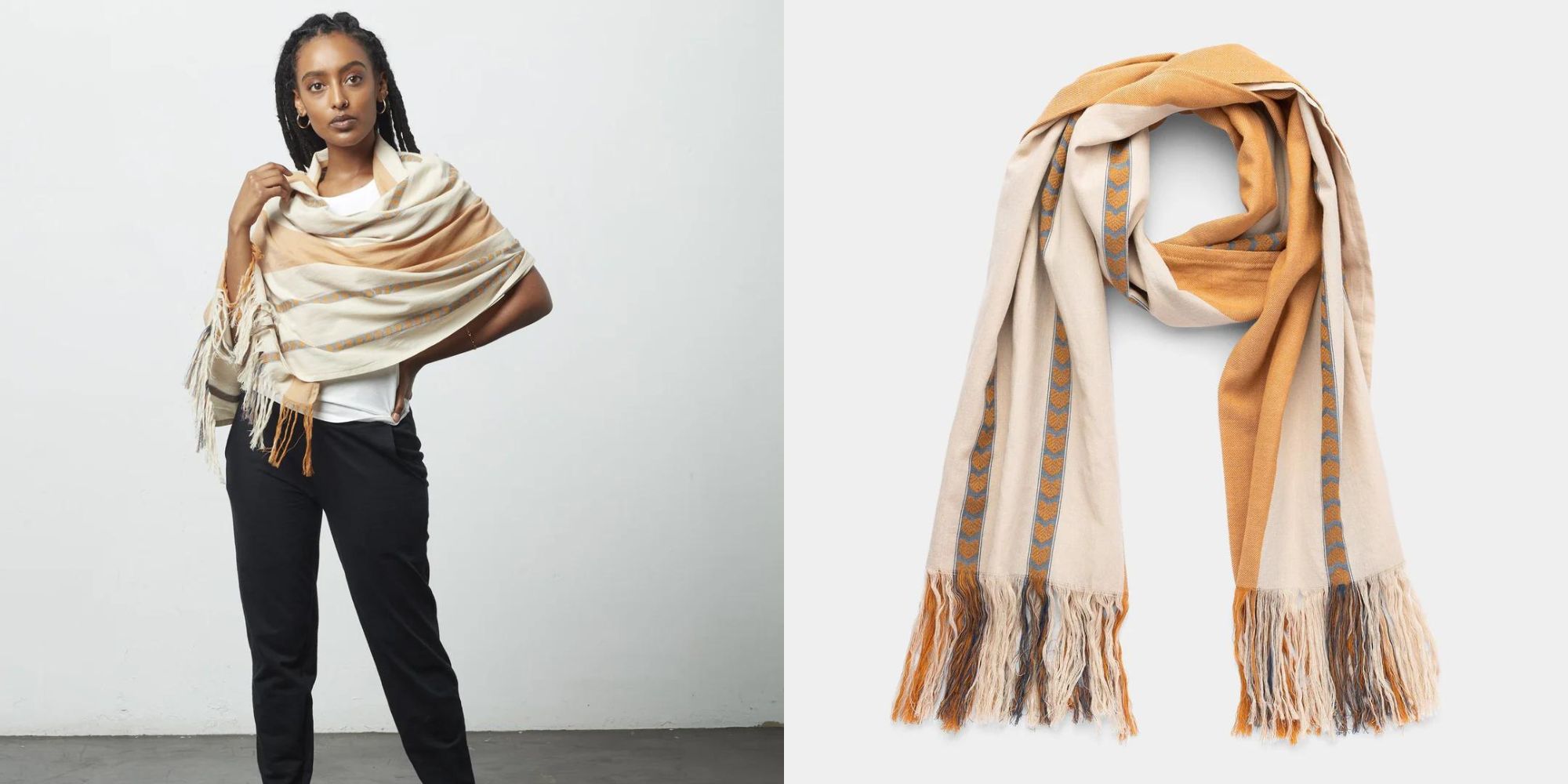 A versatile organic cotton orange and beige striped scarf and shawl by Krochet Kids.